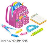 Rucksack with textbooks and notebooks vector, isolated satchel with pencil and pen. Back to school concept isometric cartoon of ruler and pad with spirals. Crayons for drawing on lessons set. Satchel with Books and School Supplies for Lessons. Стоковая иллюстрация, агентство Ingram Publishing / Фотобанк Лори