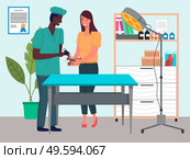 Veterinary care. Veterinarian man with girl holding hamster in the medical office. Woman brought cavy for treatment or inspection to a doctor. Visit to the vet clinic to check the health of the animal. Veterinarian man with girl holding hamster in the medical office. Visit to the veterinary clinic. Стоковая иллюстрация, агентство Ingram Publishing / Фотобанк Лори