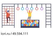 Illustration of a playroom with sports equipment. The kids are playing. The boy hangs on rings above pool with multicolored balls, child climbs stairs. Active rest. Playground and indoor activity. Boys play in playroom with sport equipment. Playground and activity. Fun happy time. Flat image. Стоковая иллюстрация, агентство Ingram Publishing / Фотобанк Лори