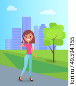 Young girl walks on hight hills in city park and speaks on the smartphone. Skyscrapers background. Talking by smartphone. Modern clothes style. Woman is posing. Flat vector cartoon illustration. Woman speaks on her smartphone, walks in a city park. Girl poses and smiles. Flat vector image. Стоковая иллюстрация, агентство Ingram Publishing / Фотобанк Лори