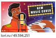 Young african american man in headphones singing near the microphone in recording studio. Screensaver of video blog post. Guy singer making a record of his voice. Young blogger singer recording a song. Young african american man in headphones singing in recording studio. Screensaver of video blog post. Стоковая иллюстрация, агентство Ingram Publishing / Фотобанк Лори