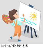 Kid with paintbrush vector, isolated character drawing new masterpiece. Easel with canvas, kid holding palette with colors, talented girl, pupil in classroom artistic classes back to school concept. Pupil Drawing Painting on Canvas at Lessons Vector. Стоковая иллюстрация, агентство Ingram Publishing / Фотобанк Лори