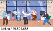 Chaos in office. Unorganized office workers in panic. People stressing, solving difficulties, problems. Workers and failure deadline. Mess and business problems. Many work and few time. Employee hurry. Man with phone calling, woman with folders, people running, chaos in office, unorganized workers. Стоковая иллюстрация, агентство Ingram Publishing / Фотобанк Лори