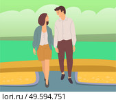 Couple walking down the street. Young guy and girl holding hands, looking at each other, walking in summer day in city park, romantic walk. Pleasant promenade in open air on a date, active lifestyle. Couple walking down the street. Young guy and girl holding hands, looking at each other, have a date. Стоковая иллюстрация, агентство Ingram Publishing / Фотобанк Лори