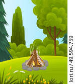 Summer holiday, camping place in forest with bonfire. Campfire on green glade with plants and bushes. Campsite surrounded by trees in tourist camp. Adventure time, camping trip, eco picnic in vacation. Summer holiday, camping place in forest with bonfire. Campfire on green glade with plants and bushes. Стоковая иллюстрация, агентство Ingram Publishing / Фотобанк Лори