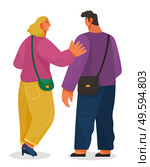 Man and woman talking to each other. Girl glad to meet a friend greets him friendly pat on the shoulder. Male and female characters back view full height. Communication of people. Staff conversation. Man and woman talking to each other. Girl glad to meet a friend greets him friendly pat on shoulder. Стоковая иллюстрация, агентство Ingram Publishing / Фотобанк Лори