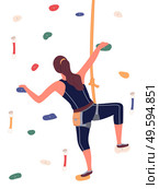 Girl is climbing in climbing room, bouldering, a woman is hanging on rope, crawling along grabs. Indoor sport activity. Sports wall with grabs, doing bouldering. Flat vector illustration on white. Girl is climbing in climbing hall. Bouldering equipment. Indoor activity. Flat illustration. Стоковая иллюстрация, агентство Ingram Publishing / Фотобанк Лори