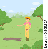 The farmer sowing the seeds for the future harvest. Woman agricultural worker wearing coveralls and rubber boots working on the field, pouring the seeds to the ground. Spring sowing concept vector. The farmer sowing the seeds for the future harvest. Woman agricultural worker working on the field. Стоковая иллюстрация, агентство Ingram Publishing / Фотобанк Лори