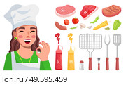 Young beautiful woman cook in chef hat smiles and shows OK. Different types of raw meat, steak, dish, sausages, ketchup, mustard, kitchen appliances. Blog about delicious food. Cooking online blog. Female cook shows ok, meat, spices, side dish, grill mesh, kitchen appliances. Food Blog. Flat image. Стоковая иллюстрация, агентство Ingram Publishing / Фотобанк Лори