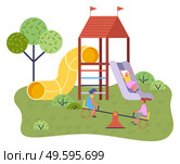 Cute happy cartoon kids playing in playground on the backyard. Childrens summer playground with slide swings and other elements of amusement park for children. Kids summer outdoor activities. Childrens summer playground with slide swings and other elements of amusement park for children. Стоковая иллюстрация, агентство Ingram Publishing / Фотобанк Лори
