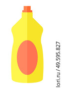 Cartoon curly yellow plastic bottle with a red dispenser. Dishwashing liquid with a red oval label. Clean at home, wash dishes, cleaning agent. Flat vector illustration isolated on white background. Yellow plastic bottle for dishwashing. Plastic container for storing liquids. House cleaning. Стоковая иллюстрация, агентство Ingram Publishing / Фотобанк Лори