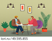 Eating people in cafe or restaurant, friends guys spend leisure time together eating pizza, workers spend leisure time in pizzeria, adult men communicating, talking sitting at table, weekends. People eating pizza in cafe or pizzeria, talking, communicating, relaxing after work together. Стоковая иллюстрация, агентство Ingram Publishing / Фотобанк Лори