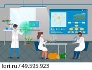 Laboratory workers exploring new methods of plant breeding and agricultural genetic of vegetables. Growing eco plants from tubes. Scientist using microscope. Virtual reality, modern technologies. Scientists exploring plant breeding, growing from tubes, using microscope, virtual reality glasses. Стоковая иллюстрация, агентство Ingram Publishing / Фотобанк Лори