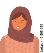 Beautiful muslim woman wearing hijab. Fashion woman portrait flat style. Stylish islamic lady isolated on white. Portrait of a smiling muslim girl wearing traditional brown shawl covering hair. Beautiful muslim woman wearing hijab. Fashion woman portrait. Stylish islamic lady isolated on white. Стоковая иллюстрация, агентство Ingram Publishing / Фотобанк Лори