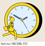Yellow silhouette of a running girl on the background of a large watch dial. Woman with bag is late for work. Girl in a hurry, rushing on a date, control time consept. Big clock with minute hands. Yellow silhouette of a running girl on the background of large watch dial. Woman is late in a hurry. Стоковая иллюстрация, агентство Ingram Publishing / Фотобанк Лори