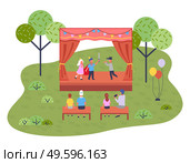 Musical concert in the garden. Children s theatrical performance on the stage in the open summer playground, kid spectacle. Entertainment for children on vacation at the playing field of the city park. Musical concert in the garden. Children s theatrical performance on the stage in the open playground. Стоковая иллюстрация, агентство Ingram Publishing / Фотобанк Лори