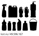 Black silhouette of bottles group of household chemicals, supplies and cleaning, tools and containers for cleaning. Icons set of plastic flasks from chemical detergents, bucket and latex gloves. Group of bottles of household chemicals, supplies and cleaning, tools and containers for cleaning. Стоковая иллюстрация, агентство Ingram Publishing / Фотобанк Лори