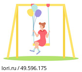 Girl holding bunch of balloons swinging on a slide swing at the playing field. Happy cartoon kid playing in playground on the backyard. Childrens summer playground . Kids summer outdoor activities. Girl holding bunch of balloons swinging on a slide swing at the playing field. Happy cartoon kid. Стоковая иллюстрация, агентство Ingram Publishing / Фотобанк Лори