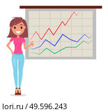 Young woman student or office worker gives a report, cheerful girl standing near demo poster with performance charts and digital data. Business presentation and project management concept banner. Young woman student or office worker gives a report. Business presentation concept vector illustration. Стоковая иллюстрация, агентство Ingram Publishing / Фотобанк Лори