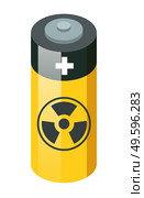 Battery with radioactive warning yellow circle sign. Radioactivity warning vector symbol illustration. Green technology ecosystem concept. Energy source dangerous to humans and the environment. Battery with radioactive warning yellow circle sign. Radioactivity warning vector symbol. Стоковая иллюстрация, агентство Ingram Publishing / Фотобанк Лори