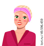 Vector cartoon character. Avatar of young blonde smiling woman, beauty blogger wearing pink headband and red bathrobe. Girl after shower. Isolated at white portrait of pretty girl. Attractive lady. Avatar of young blonde smiling woman, beauty blogger wearing pink headband and red bathrobe. Стоковая иллюстрация, агентство Ingram Publishing / Фотобанк Лори