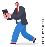 Office worker holding digital tablet in hands running. Unorganized man wearing office costume in panic. Bearded guy looking at screen. Worker failure deadline, stressing, busy. Cartoon character. Office worker holding digital tablet in hands running, unorganized man in office costume in panic. Стоковая иллюстрация, агентство Ingram Publishing / Фотобанк Лори