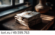 Handcrafted recycled paper journals on a vintage wooden table, with a cozy natural light coming through a window. Стоковое AI-изображение, AI-художник ALLA YURTAYEVA / Фотобанк Лори