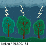 Rainy weather, lightning, thunder, storm. Green trees under heavy rain and lightning. Thunderstorm clouds, heavy rain. Autumn or summer rainy weather. Gray sky over green trees. Stay home. Flat image. Rainy weather, lightning, thunderclouds. Gray heavy sky over green trees. Summer or fall heavy rain. Стоковая иллюстрация, агентство Ingram Publishing / Фотобанк Лори