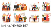 Old people play video game. Set of modern senior people with different gadgets. Oldster education on computer. Old progressive people use modern technology. Learning to use PC. Elderly couple gadgets. Old people play video game. Senior people with different gadgets. Oldster education on computer. Стоковая иллюстрация, агентство Ingram Publishing / Фотобанк Лори