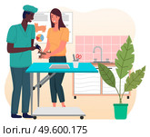 Guinea pig at reception of veterinarian. Owner of pet standing near veterinary table, Veterinarian examines pet. Shelves with folders, medical records, medicine bottles, disposable wipes. Potted plant. Girl with cavy vizits veterinarian. Pet on the veterinary table. Veterinarian examines guinea pig. Стоковая иллюстрация, агентство Ingram Publishing / Фотобанк Лори
