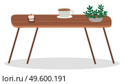 Brown table in coffeehouse or cafe. Wooden surface with coffee cup, houseplant and candle. Place for breakfast in cafeteria, homelike interior. Vector illustration of furniture in flat style. Wooden Table with Coffee Cup, Plant in Coffeehouse. Стоковая иллюстрация, агентство Ingram Publishing / Фотобанк Лори
