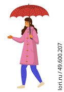 Happy girl in pink raincoat and blue pants with red dotted umbrella walks with her hand out. It starts to rain. Rainy weather does not spoil mood. Girl walks in the autumn rain. Flat vector image. Girl goes with red umbrella, holding out hand. Beginning or end of rain. Raincoat, umbrella, galoshes. Стоковая иллюстрация, агентство Ingram Publishing / Фотобанк Лори