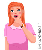 Portrait of a young woman with red long hair wearing pink dress. Cute smiling girl isolated on white background flat style. Pretty positive female character, student or businesswoman, beauty blogger. Portrait of a young woman with red long hair wearing pink dress. Cute smiling girl isolated. Стоковая иллюстрация, агентство Ingram Publishing / Фотобанк Лори