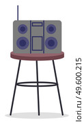 Digital vector hi-fi audio system with monitors and furniture. Audio amplifier, tuner. Home sound system stereo. Radio set on round table. Dancing and having fun, stay at home. Flat illustration. Stereo system, tuner, boombox, radio, sound equipment. Flat vector image isolated on white. Стоковая иллюстрация, агентство Ingram Publishing / Фотобанк Лори