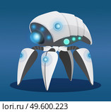 Futuristic research cyborg with artificial intelligence. Dark blue background with shadow. High tech artificial intelligence cyber smart robot. Hitech developed machinery robot. Future technologies. Smart scifi android with artificial intelligence. Scientific technological test research robot. Стоковая иллюстрация, агентство Ingram Publishing / Фотобанк Лори