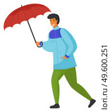 Young man in blue jacket or windbreaker, green pants, jeans walking with red umbrella in hands. Strong wind and rain. Dress warmly when bad weather. Autumn nasty weather. Man overcomes windy gusts. Man in blue jacket and green pants carries red umbrella. Protect from wind and rain using umbrella. Стоковая иллюстрация, агентство Ingram Publishing / Фотобанк Лори