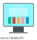 Screen of computer monitor. Data or records. Portable devices tablet pc. Cross platform and multimedia, website, wi-fi. Computer light blue screen with white abstract text and colorful blocks. Blue computer screen of stand monitor with data, graphs or reports. Office devices. Flat image. Стоковая иллюстрация, агентство Ingram Publishing / Фотобанк Лори