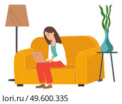 Young girl sits on yellow cozy sofa and surfs the Internet using a laptop, floor lamp, pot plant. Search for information on the network, communication, work remotely. Flat cartoon vector illustration. Surfing the internet. Young woman using laptop to communicate and search for information. Flat image. Стоковая иллюстрация, агентство Ingram Publishing / Фотобанк Лори