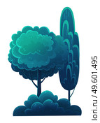 Deciduous tall trees, navy blue crown, flat cartoon style isolated on white. Forest tree, lush foliage. Oak, beech, hornbeam, diverse vegetation. Botanical illustration for games, banners, sites. Tall deciduous trees isolated on white. Forest vegetation, dark blue foliage, lush tree crown. Стоковая иллюстрация, агентство Ingram Publishing / Фотобанк Лори
