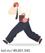 Panic of office worker, unorganized man with phone talking, holding suitcase or portfolio and running, guy wearing office costume in stress, worker failure deadline, stressing, busy, cartoon character. Panic of office worker, unorganized man with phone talking, holding suitcase or portfolio running. Стоковая иллюстрация, агентство Ingram Publishing / Фотобанк Лори