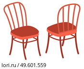 Isolated two chairs with back, front back view. Modern stylish furniture for home or office. Cozy place for rest, sitting, seat. Comfortable wooden armchair icon. Vector illustration, flat style. Isolated two chairs with back, front back view, modern stylish furniture for home office, cozy place. Стоковая иллюстрация, агентство Ingram Publishing / Фотобанк Лори