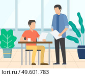 Employer talking to novice employee vector, man reading paper. Report of assistant, page with stats and information on project, office cozy interior. Boss with Assistant, Novice at Company Employer. Стоковая иллюстрация, агентство Ingram Publishing / Фотобанк Лори
