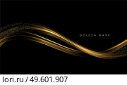 Abstract Gold smoke Waves. Shiny golden moving lines design element with glitter effect on dark background for gift, greeting card and disqount voucher. Awarding background. Abstract Gold Waves. Shiny golden moving lines design element with glitter effect on dark background for greeting card and disqount voucher. Стоковая иллюстрация, агентство Ingram Publishing / Фотобанк Лори