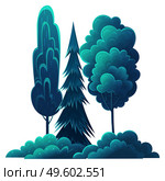 Deciduous and coniferous tall trees, navy blue crown, flat cartoon style isolated on white. Forest trees, lush foliage. Oak, spruce, hornbeam, diverse vegetation. Botanical illustration for sites. Tall deciduous and coniferous trees isolated on white. Forest vegetation, dark blue foliage. Стоковая иллюстрация, агентство Ingram Publishing / Фотобанк Лори