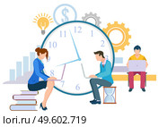 People with laptops vector, workers with computer programing coding man and woman sitting on books and hourglass. Deadline and time management clock. People Working on Projects, Developers Coders. Стоковая иллюстрация, агентство Ingram Publishing / Фотобанк Лори