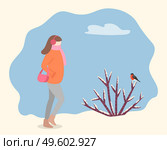 Woman wearing warm winter jacket and carrying handbag walking in forest or park. Female passing bush covered with branch. Bulfinch sitting on snowy twig, rural countryside vector in flat style. Female Character with Bag Strolling in Park Vector. Стоковая иллюстрация, агентство Ingram Publishing / Фотобанк Лори