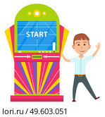 Start game on machine vector, isolated kid smiling and waving. Character relaxing on weekends, playing using control buttons and screen with video. Small Boy Kid Playing on Game Machine Start Play. Стоковая иллюстрация, агентство Ingram Publishing / Фотобанк Лори