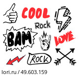 Black and red text inscription for sticker or label. Thumb up, cool, rock, bam, love, red arow, black crossed arrows, rock hand sign, lightning. Handwritten text, images. Using at polygraphy, print. Thumb up, cool, rock, bam, love, red arow, black crossed arrows, rock hand sign, lightning signs. Стоковая иллюстрация, агентство Ingram Publishing / Фотобанк Лори