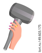 Elegant woman hand holding hair dryer with violet polished finger nails and golden ring. Hair styling icon. Cartoon dryer, equipment for beauty salon or hairsaloon. Flat illustration on white. Woman hand holds compact blow dryer. Hair care element. Fashionable hairstyle tool or symbol. Стоковая иллюстрация, агентство Ingram Publishing / Фотобанк Лори