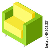 Green armchair with yellow pillows isometric. Colorful recliner isolated on white. Comfortable and cosy furniture piece for living room 3D vector illustration. Colorful Couch or Armchair Isometric Furniture Vector. Стоковая иллюстрация, агентство Ingram Publishing / Фотобанк Лори